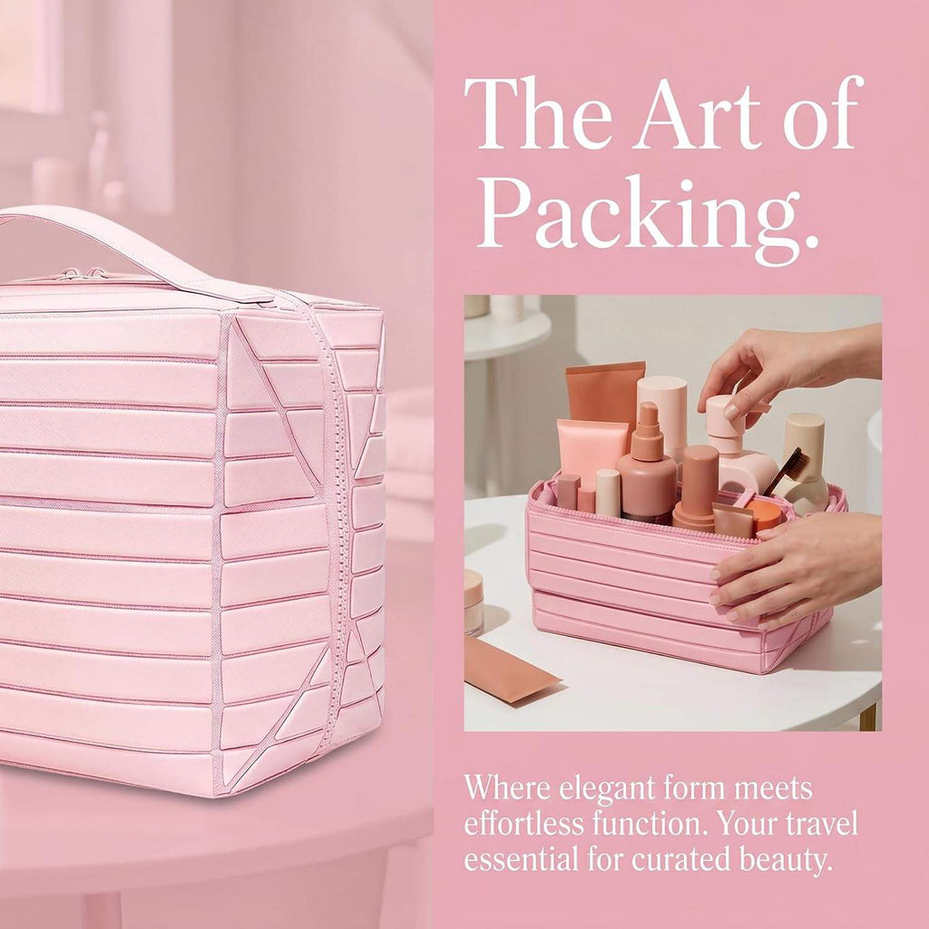 Travel Makeup Organizer Bag with Fold-Down Design and Adjustable Dividers,Large Capacity Cosmetic Bags Toiletry Case