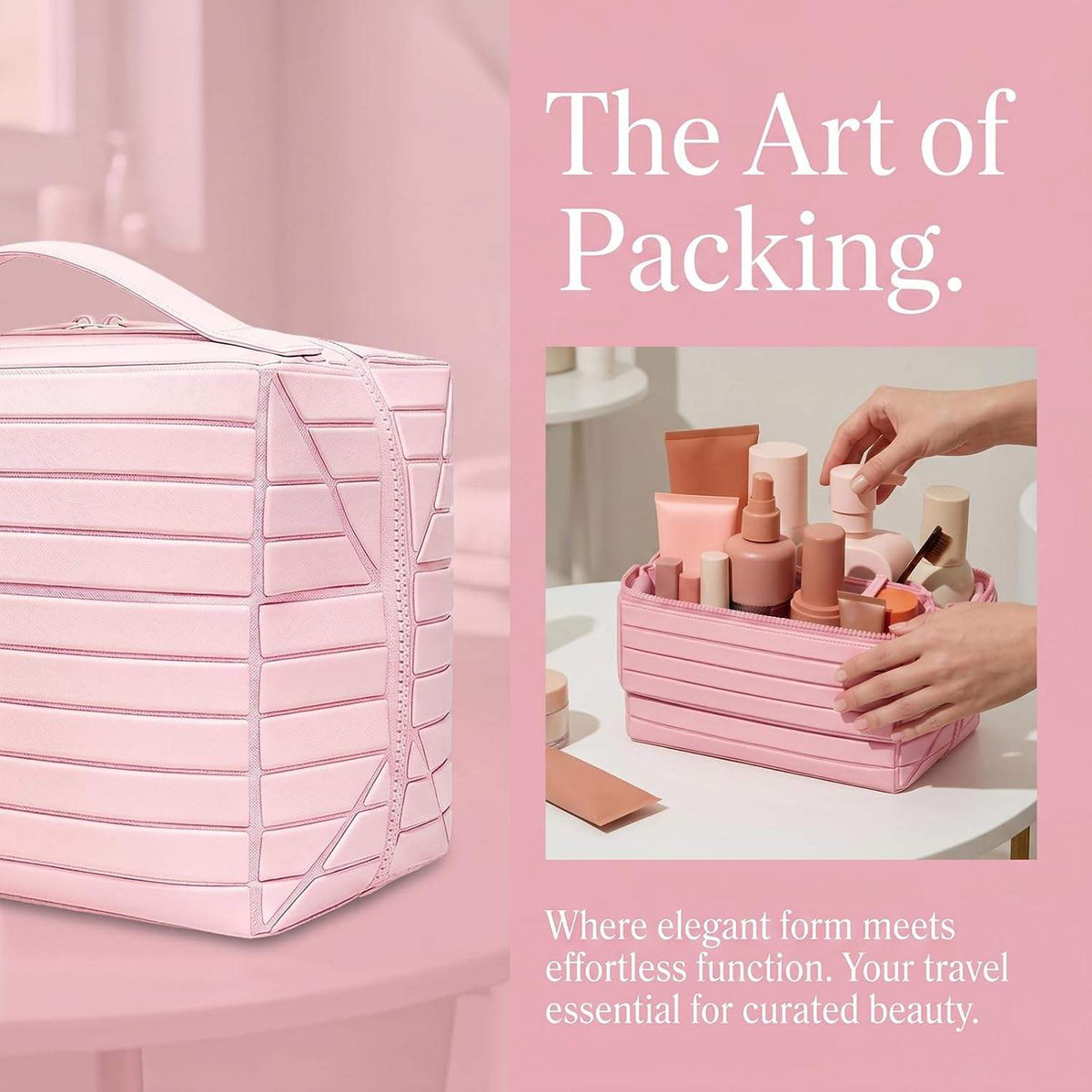Travel Makeup Organizer Bag with Fold-Down Design and Adjustable Dividers,Large Capacity Cosmetic Bags Toiletry Case