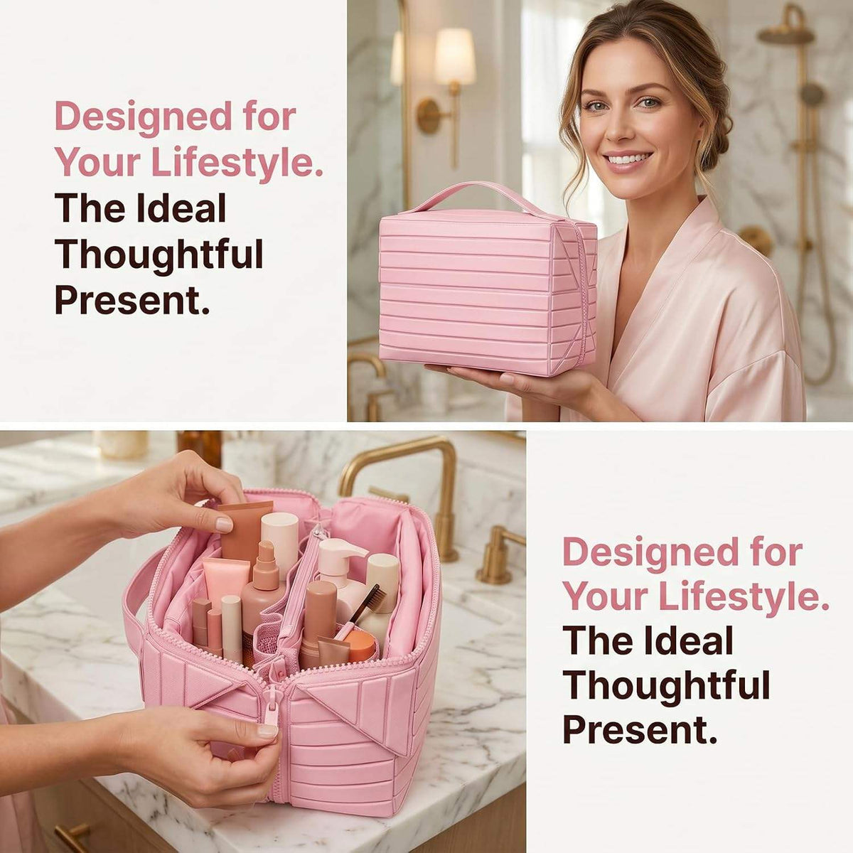 Travel Makeup Organizer Bag with Fold-Down Design and Adjustable Dividers,Large Capacity Cosmetic Bags Toiletry Case