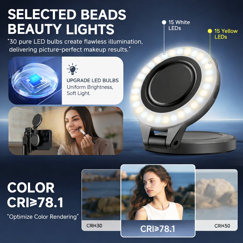 Magnetic Camera Stabilizer Grip + Magnetic Fill Light Bundle, Anti-Shake Handheld Photography Handle with Wireless Remote Zoom Control, 180° Rotatable 3 Colors LED Pocket Selfie Ring Light for Phone Shooting Vlog Live Makeup