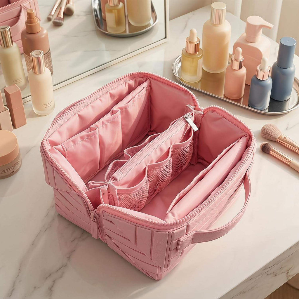 Travel Makeup Organizer Bag with Fold-Down Design and Adjustable Dividers,Large Capacity Cosmetic Bags Toiletry Case